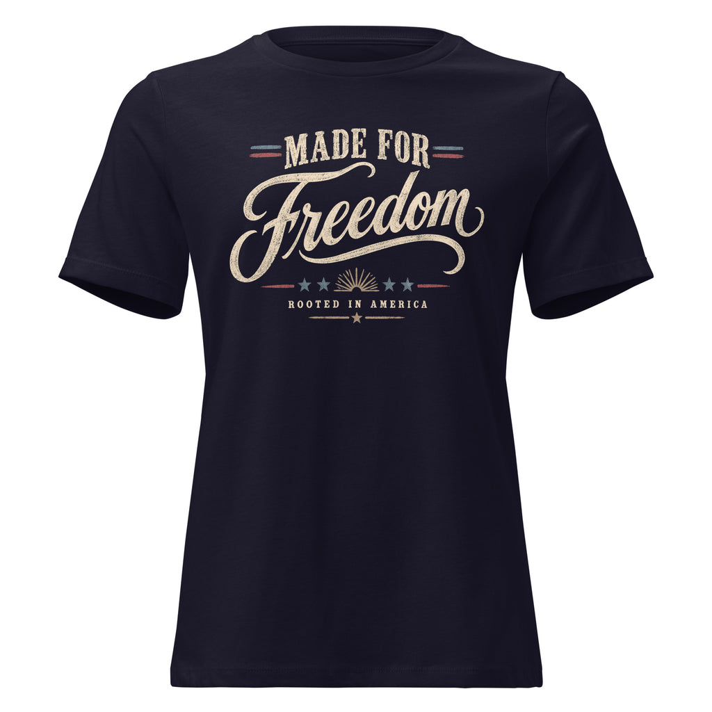 women's navy t-shirt with Made for Freedom written in large lettering, and red/blue accents across the design