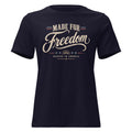 women's navy t-shirt with Made for Freedom written in large lettering, and red/blue accents across the design
