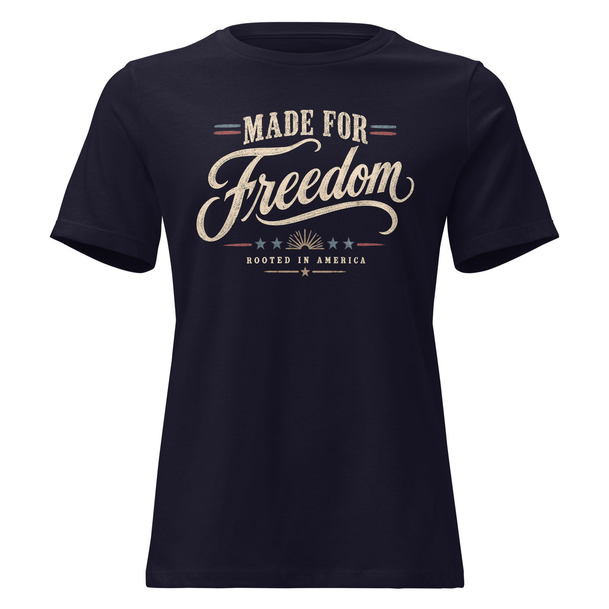 women's navy t-shirt with Made for Freedom written in large lettering, and red/blue accents across the design