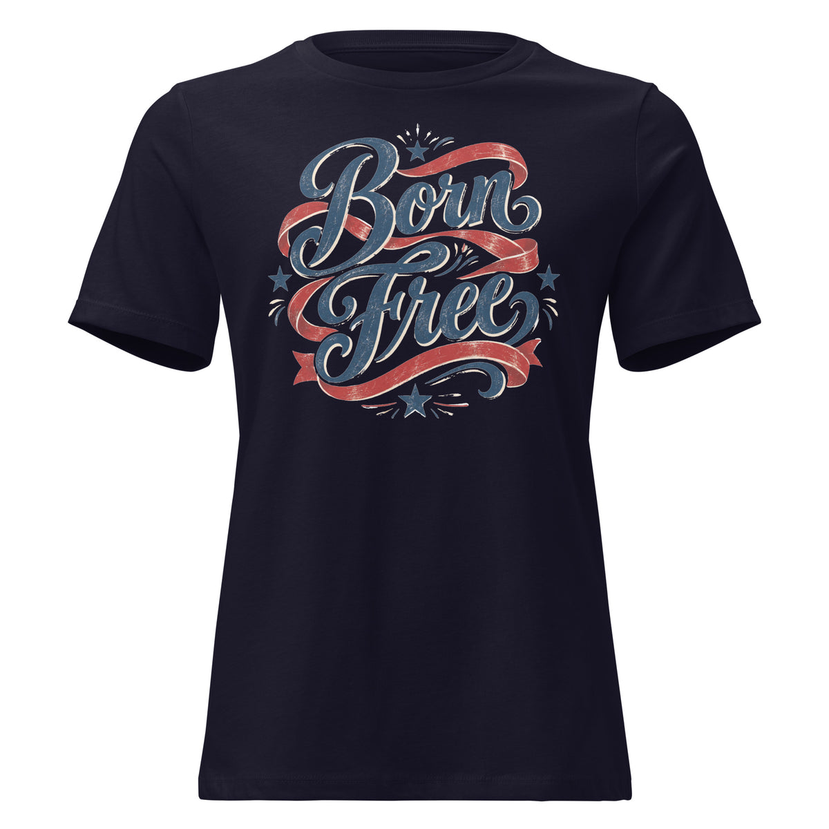navy women's shirt with Born Free in scripted lettering and a red ribbon lacing around the words