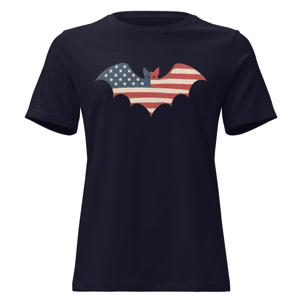 women's navy t-shirt for Halloween with a simple bat silhouette filled with vintage American flag