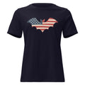 women's navy t-shirt for Halloween with a simple bat silhouette filled with vintage American flag