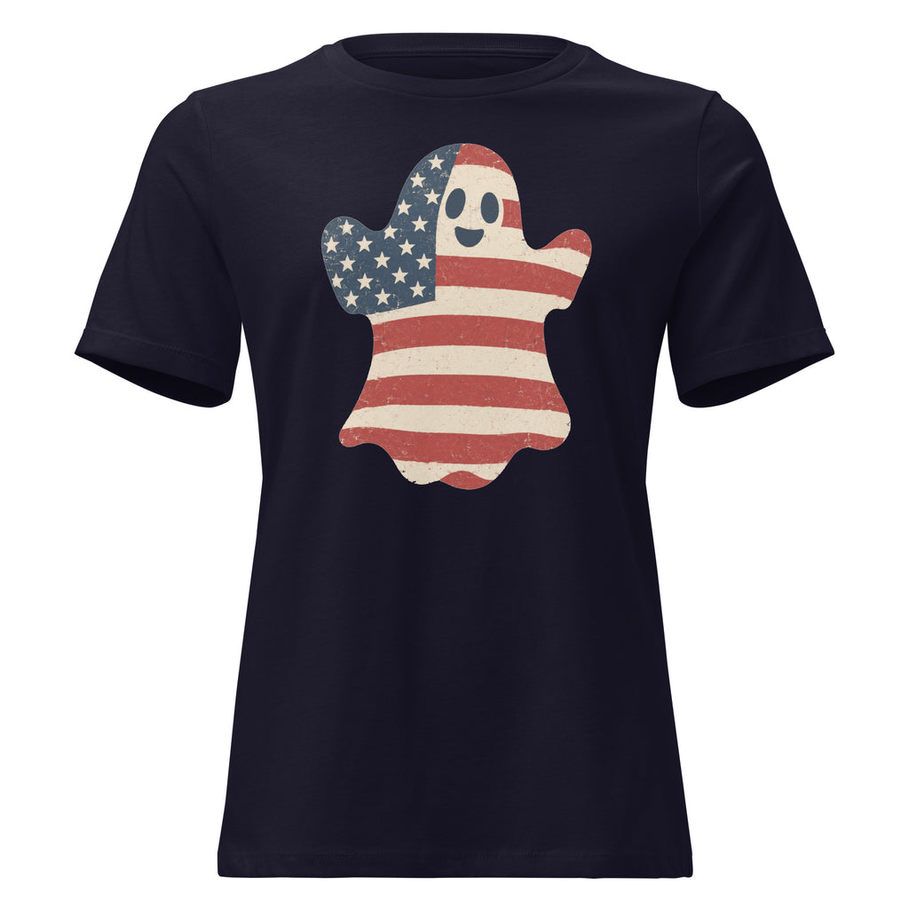 women's navy t-shirt for Halloween with a simple ghost silhouette filled with vintage American flag