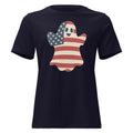 women's navy t-shirt for Halloween with a simple ghost silhouette filled with vintage American flag