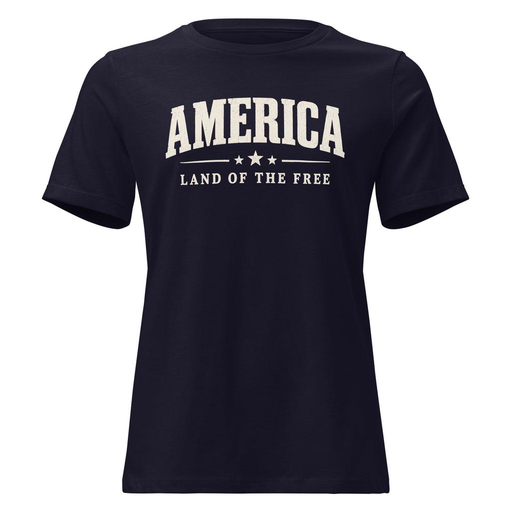 navy women's t-shirt with America Land of the Free written in large letters, with a small line and stars accent