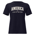 navy women's t-shirt with America Land of the Free written in large letters, with a small line and stars accent