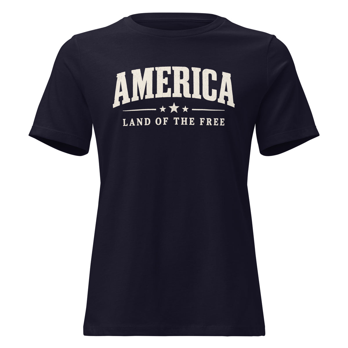 navy women's t-shirt with America Land of the Free written in large letters, with a small line and stars accent