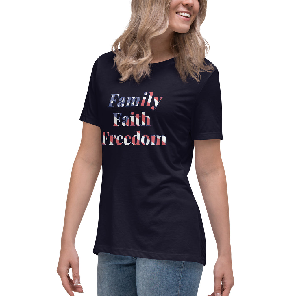 women's navy t-shirt with Family Faith Freedom with American flag overlay