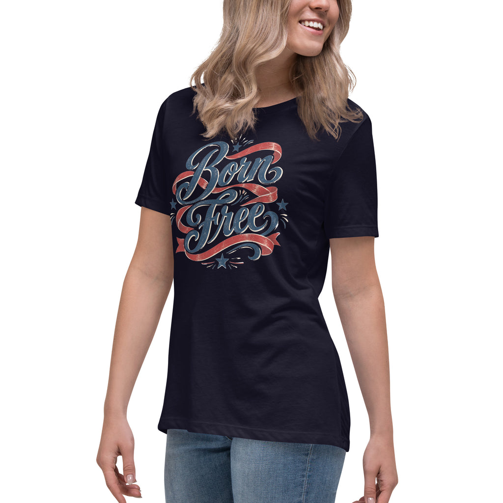 navy women's shirt with Born Free in scripted lettering and a red ribbon lacing around the words