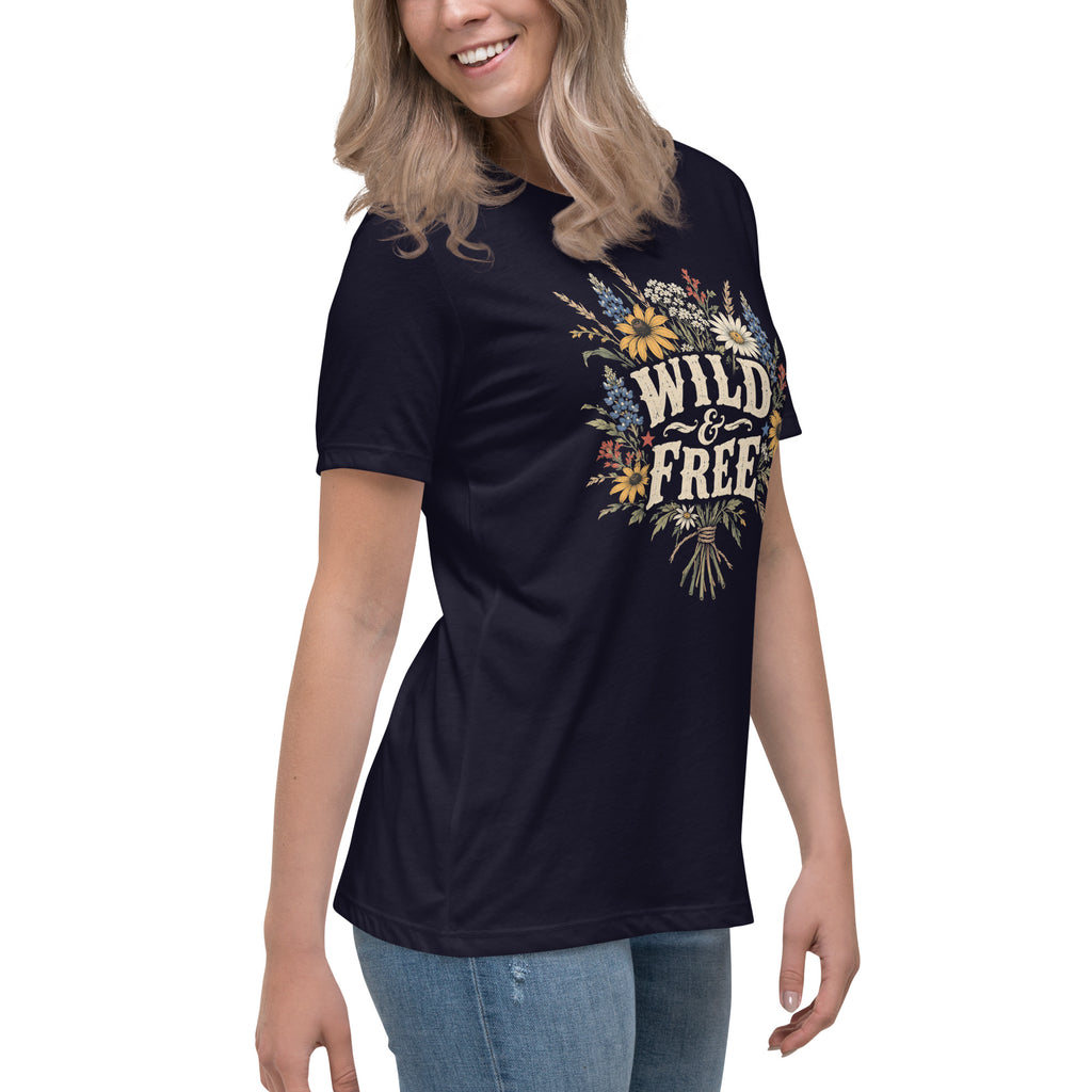 navy women's shirt with a wildflower bouquet behind the text "wild & free"