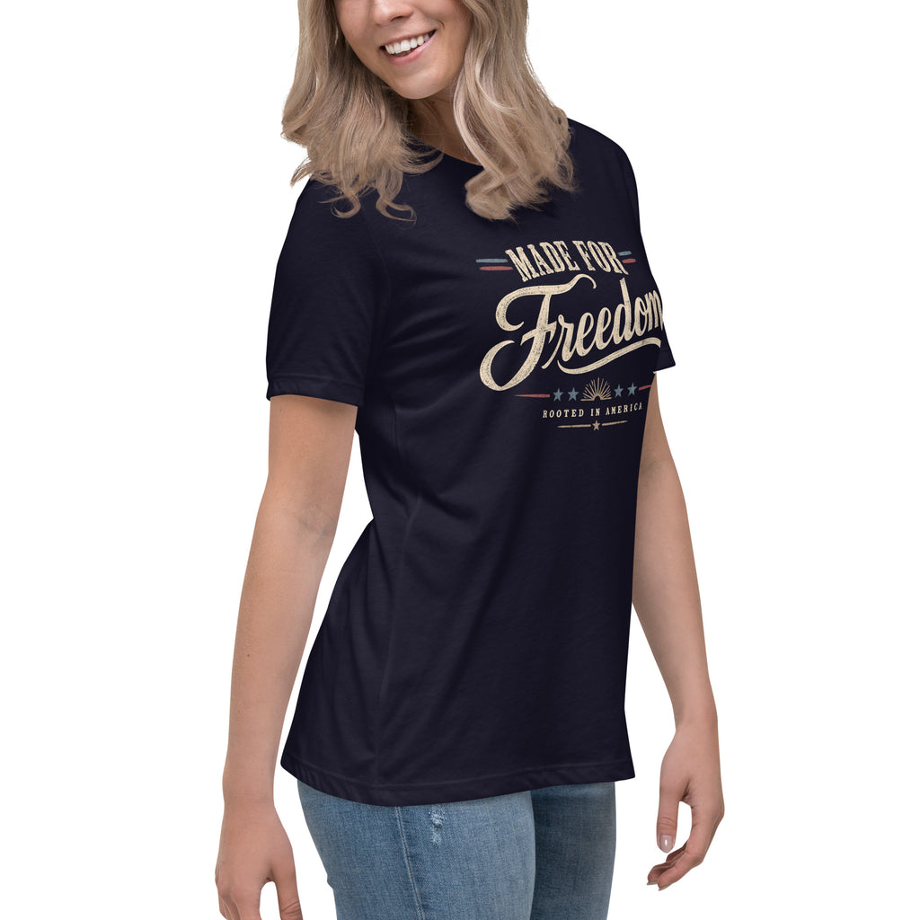 women's navy t-shirt with Made for Freedom written in large lettering, and red/blue accents across the design