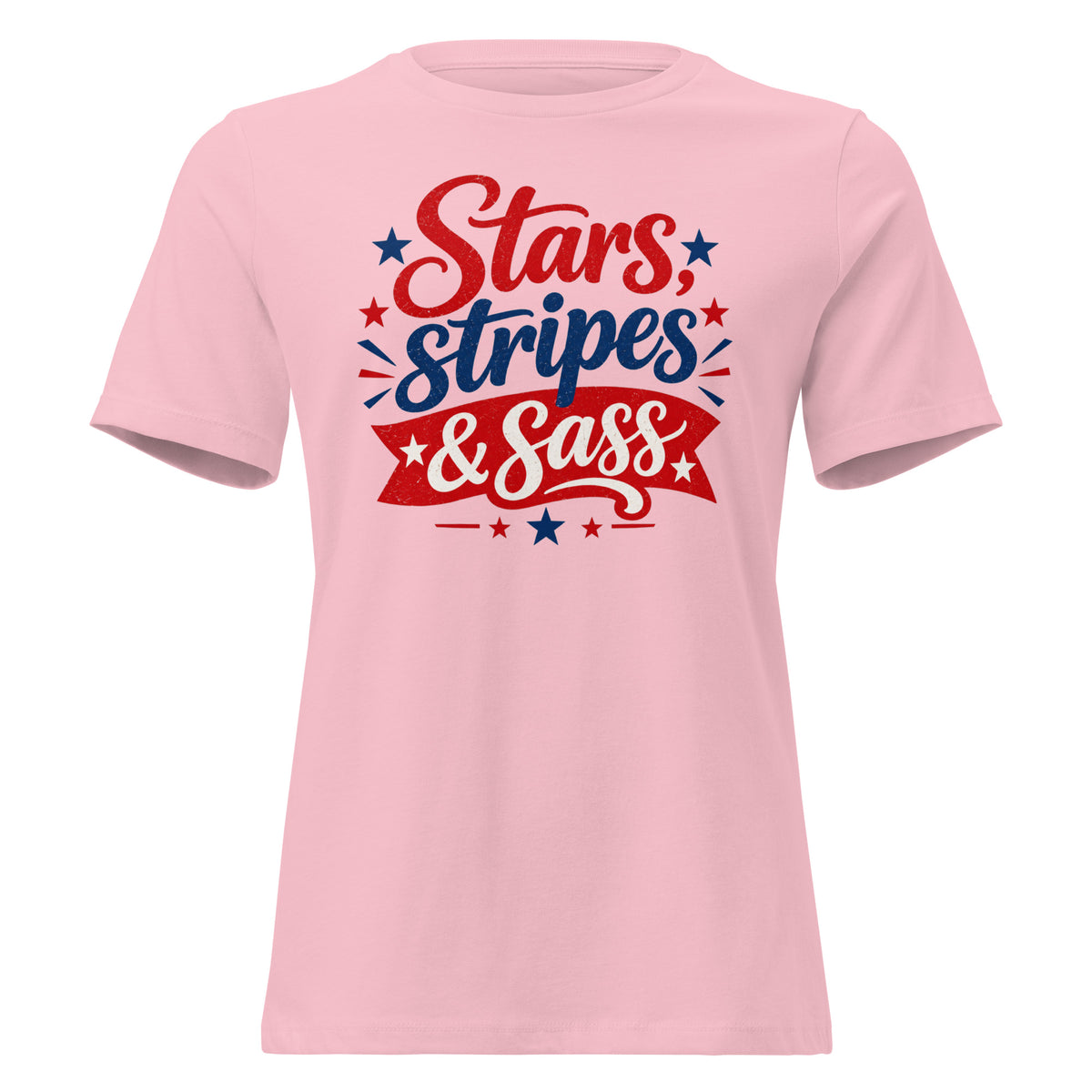pink women's t-shirt that says "Stars, stripes & sass" in large lettering with red and blue star accents