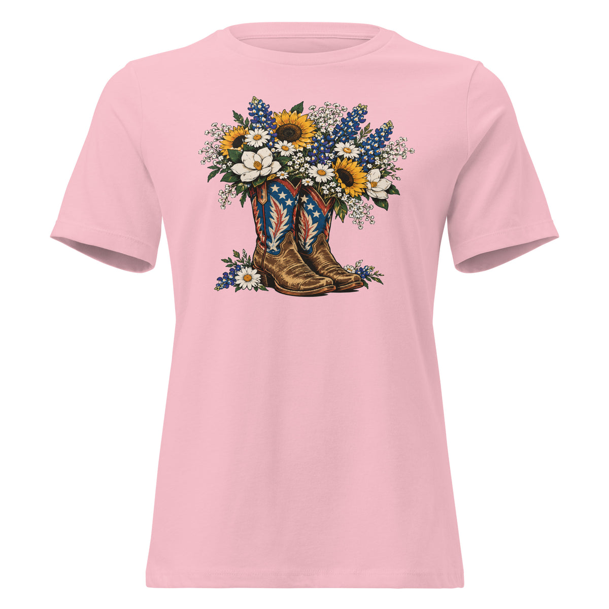 pink women's t-shirt with red, white, blue cowgirl boots graphic with wildflowers coming out of it
