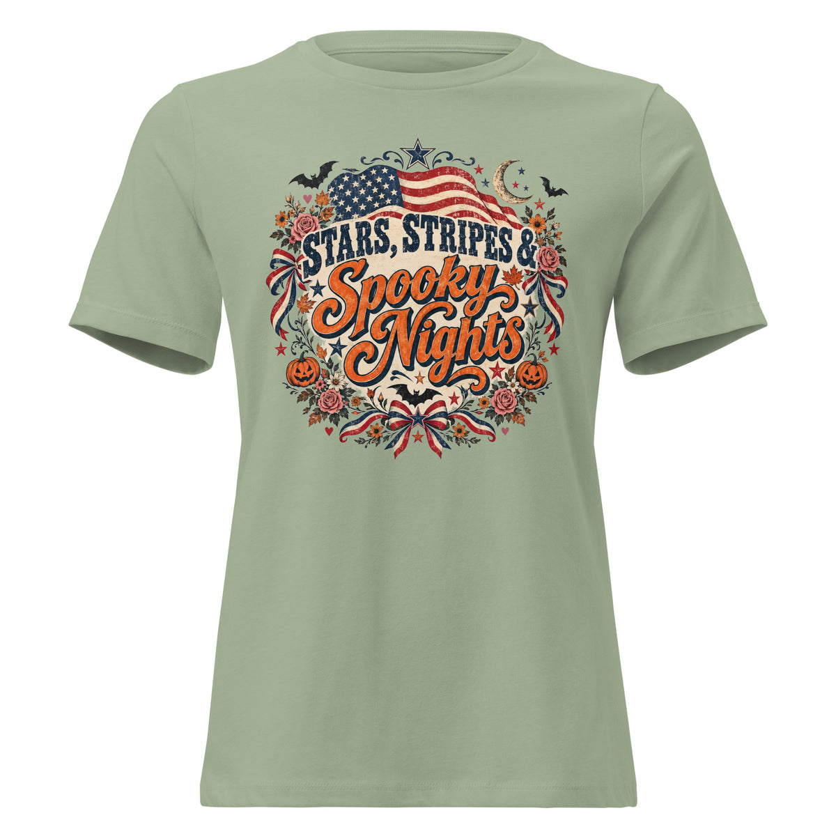 green shirt with circular focal point that says "Stars, stripes & Spooky nights", with American flag, flowers, bats, and Halloween accents around