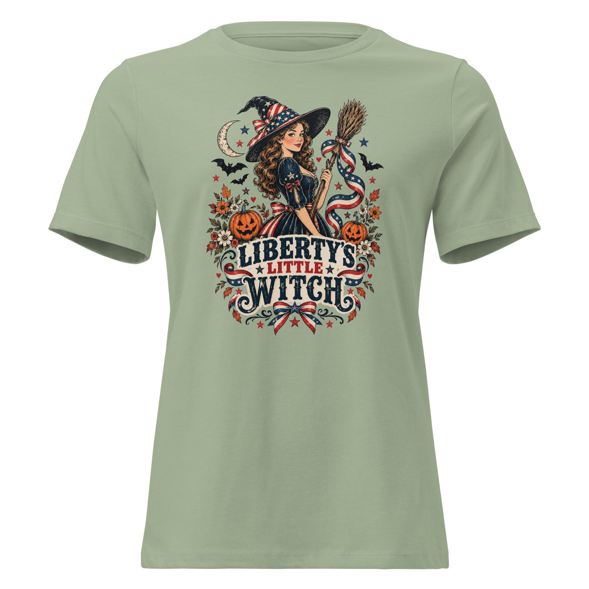 green women's shirt with American theme witch, and halloween/fall inspired small icons with text saying "Liberty's Little Witch"