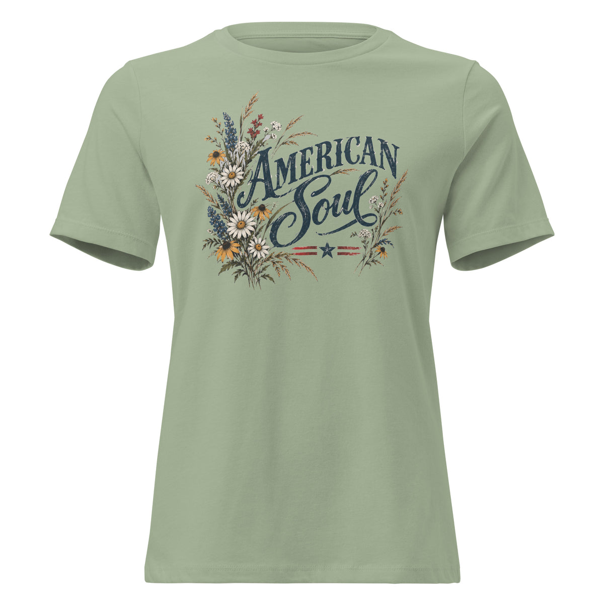 green women's shirt with a wildflower graphic to the left of the text "American soul"