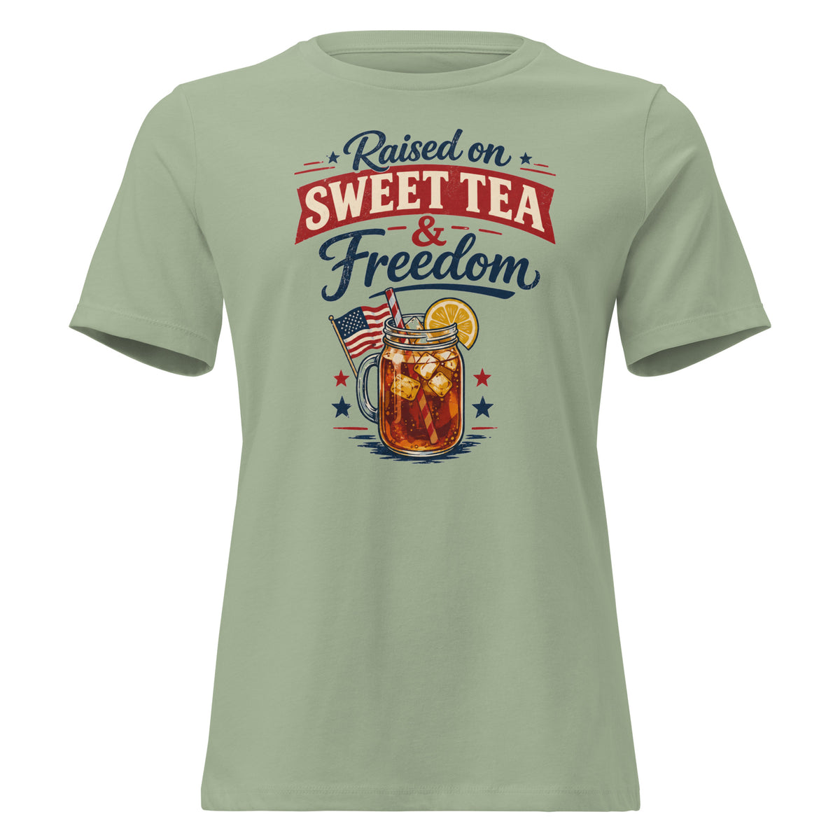 women's green t-shirt that says "raised on sweet tea and freedom" with American flag and cartoon tea mason jar