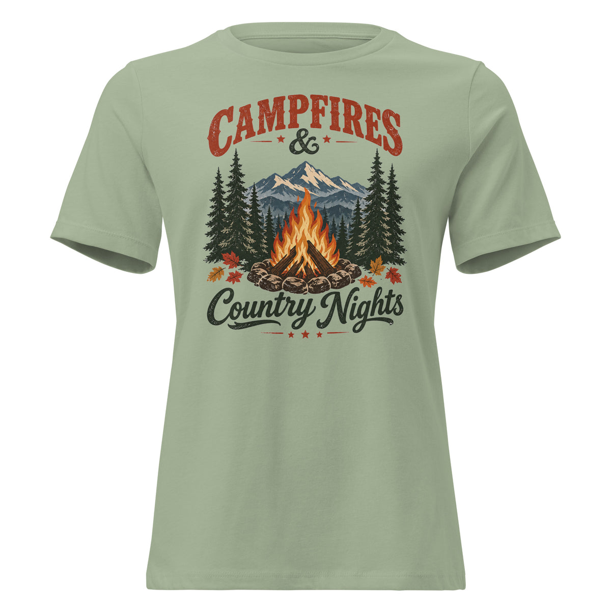 women's green t-shirt with wooded camping area graphic that says "Campfires & Country Nights"