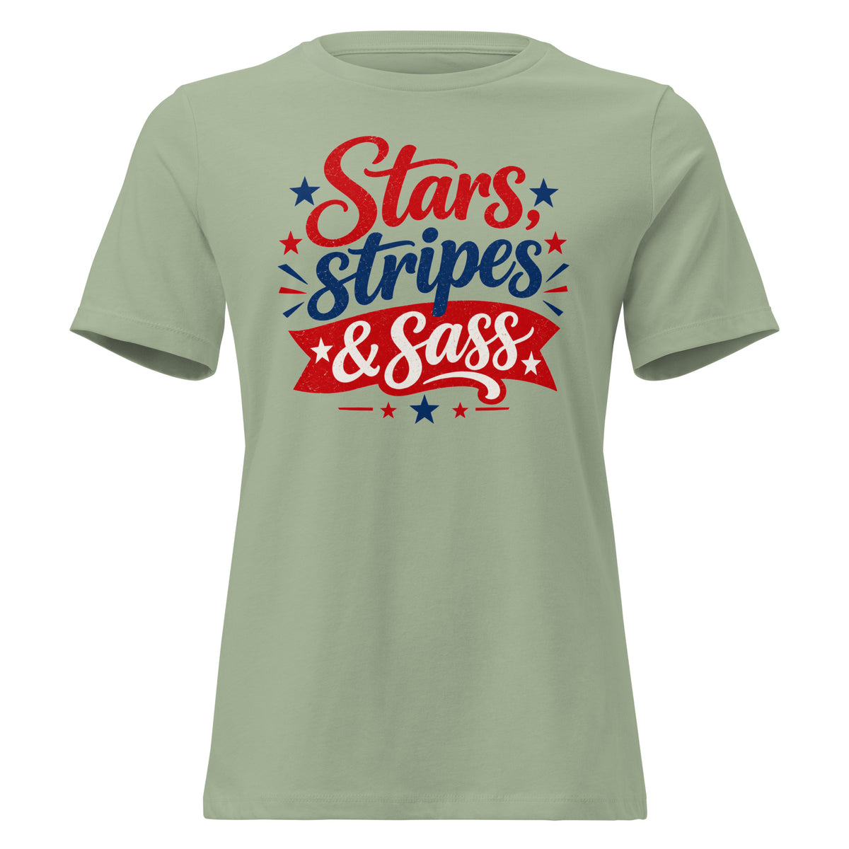 green women's t-shirt that says "Stars, stripes & sass" in large lettering with red and blue star accents