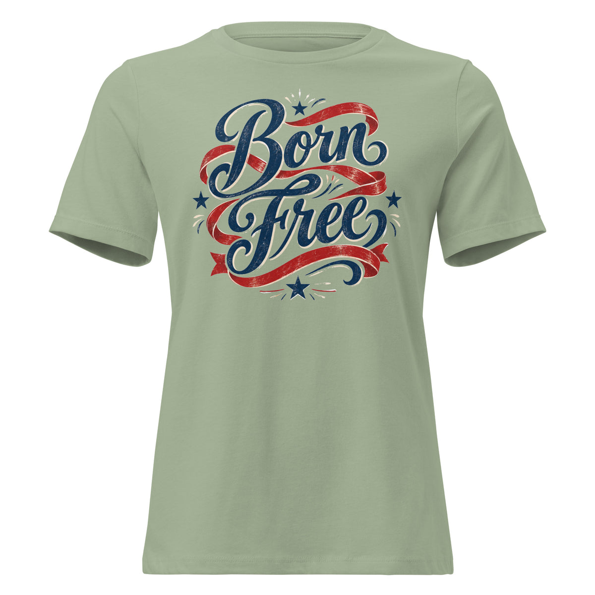 green women's shirt with Born Free in scripted lettering and a red ribbon lacing around the words