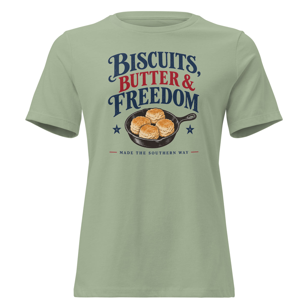 women's green t-shirt with cast iron skillet with biscuits in it that says "Biscuits, butter & Freedom"
