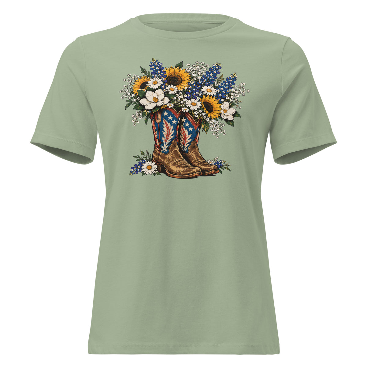 green women's t-shirt with red, white, blue cowgirl boots graphic with wildflowers coming out of it