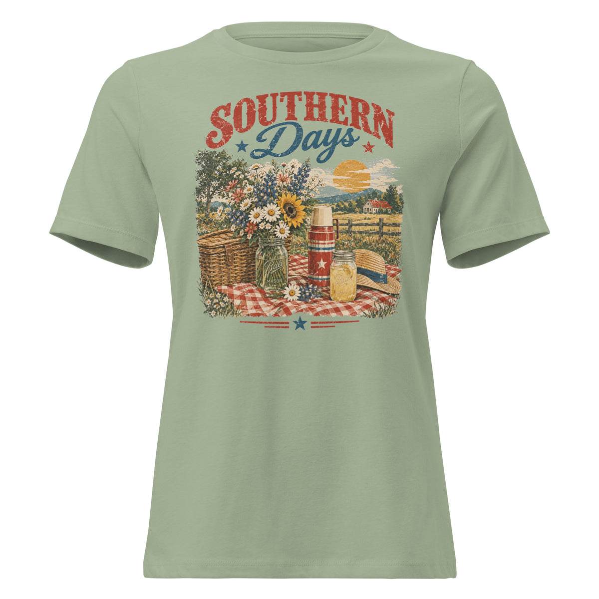 green women's t-shirt with red, white, blue southern picnic spread graphic, with Southern days across the top