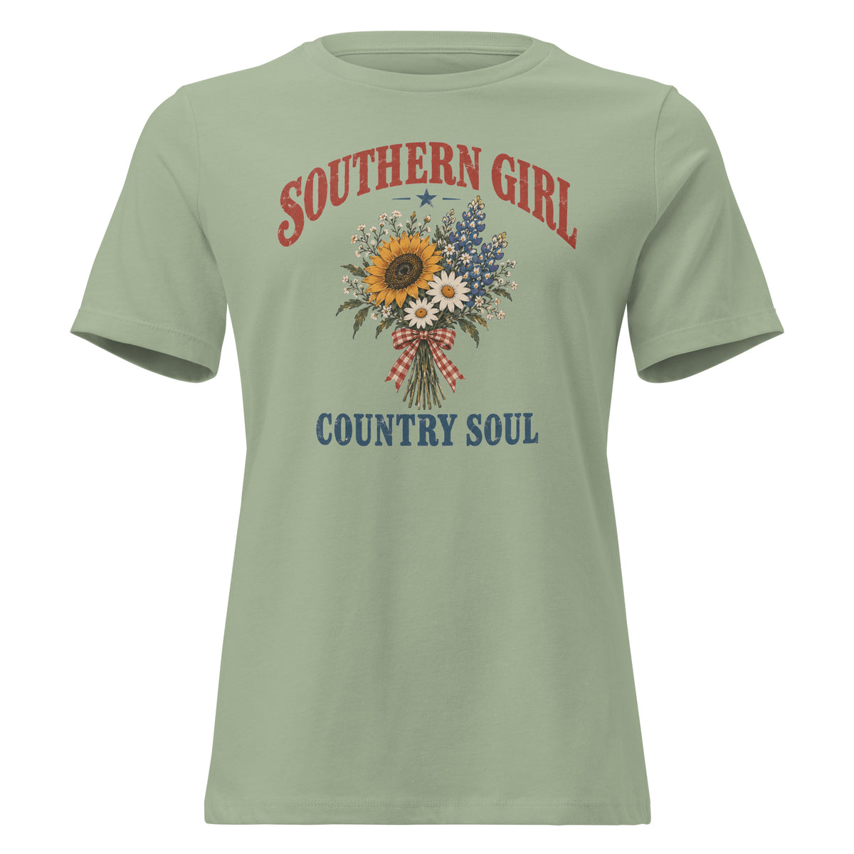 green women's t-shirt with Southern girl country soul written above and below a simple wildflower bouquet