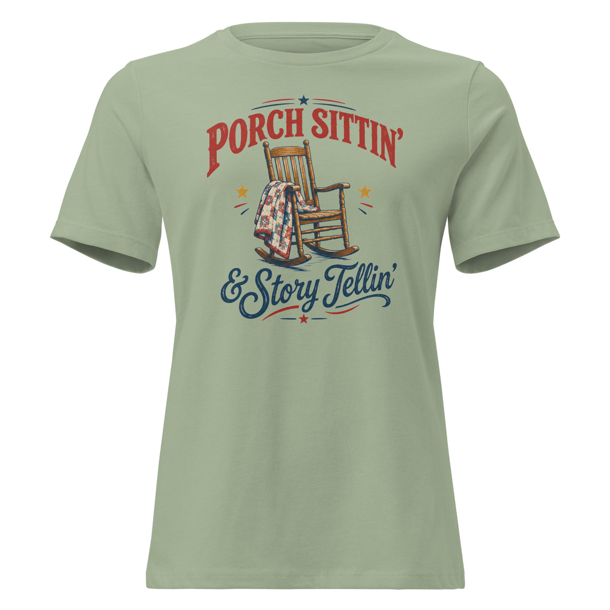 green women's t-shirt with rocking chair graphic that says "Porch sittin & Story tellin" in southern country vibe