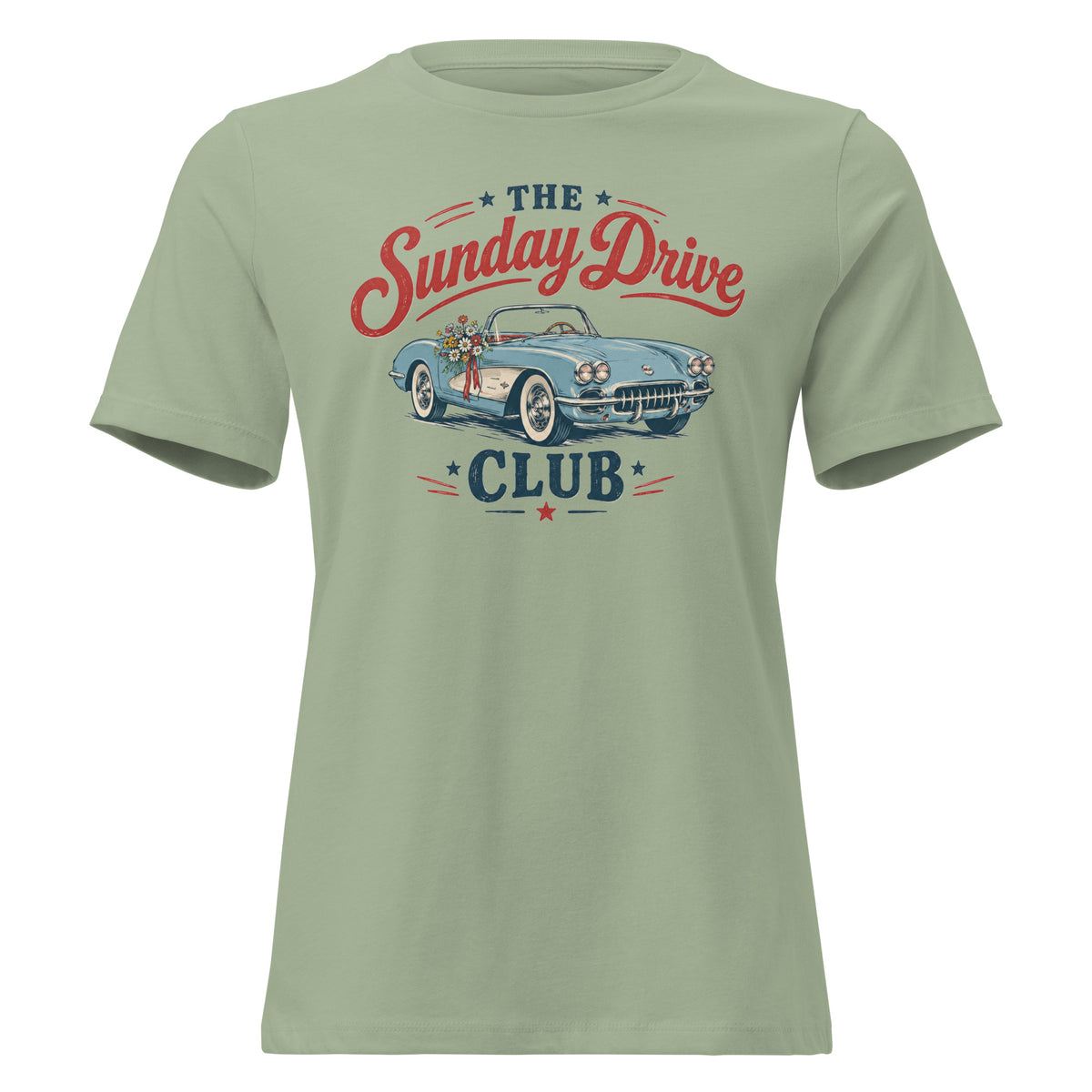 green women's t-shirt with vintage car graphic that says "the sunday drive club" 