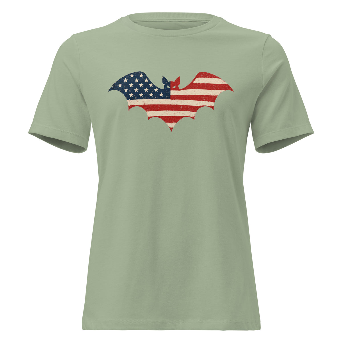 women's green t-shirt for Halloween with a simple bat silhouette filled with vintage American flag