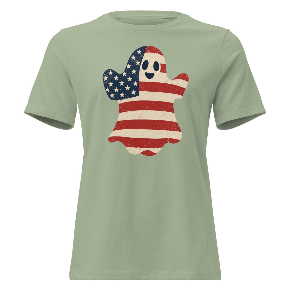 women's green t-shirt for Halloween with a simple ghost silhouette filled with vintage American flag
