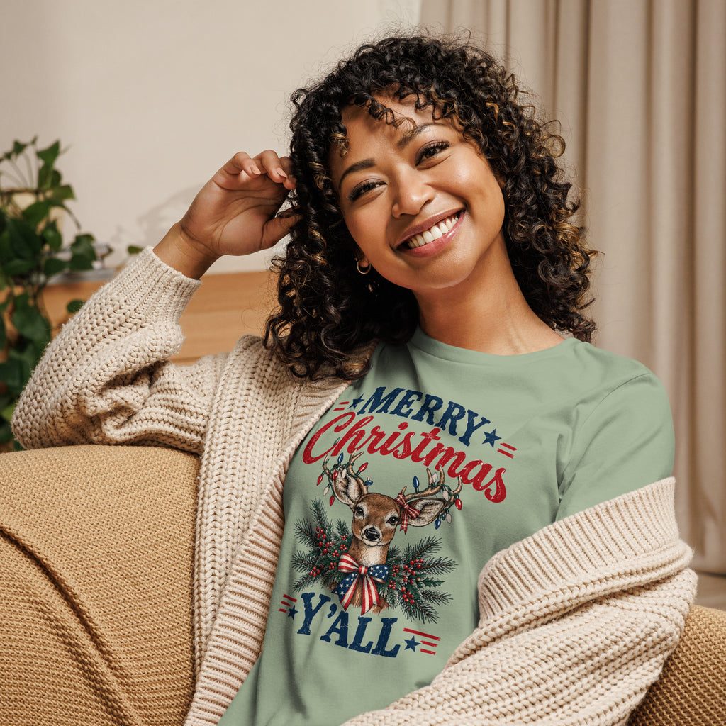 women's green Christmas t-shirt with a reindeer head with Christmas lights, and says " Merry Christmas Y'all"
