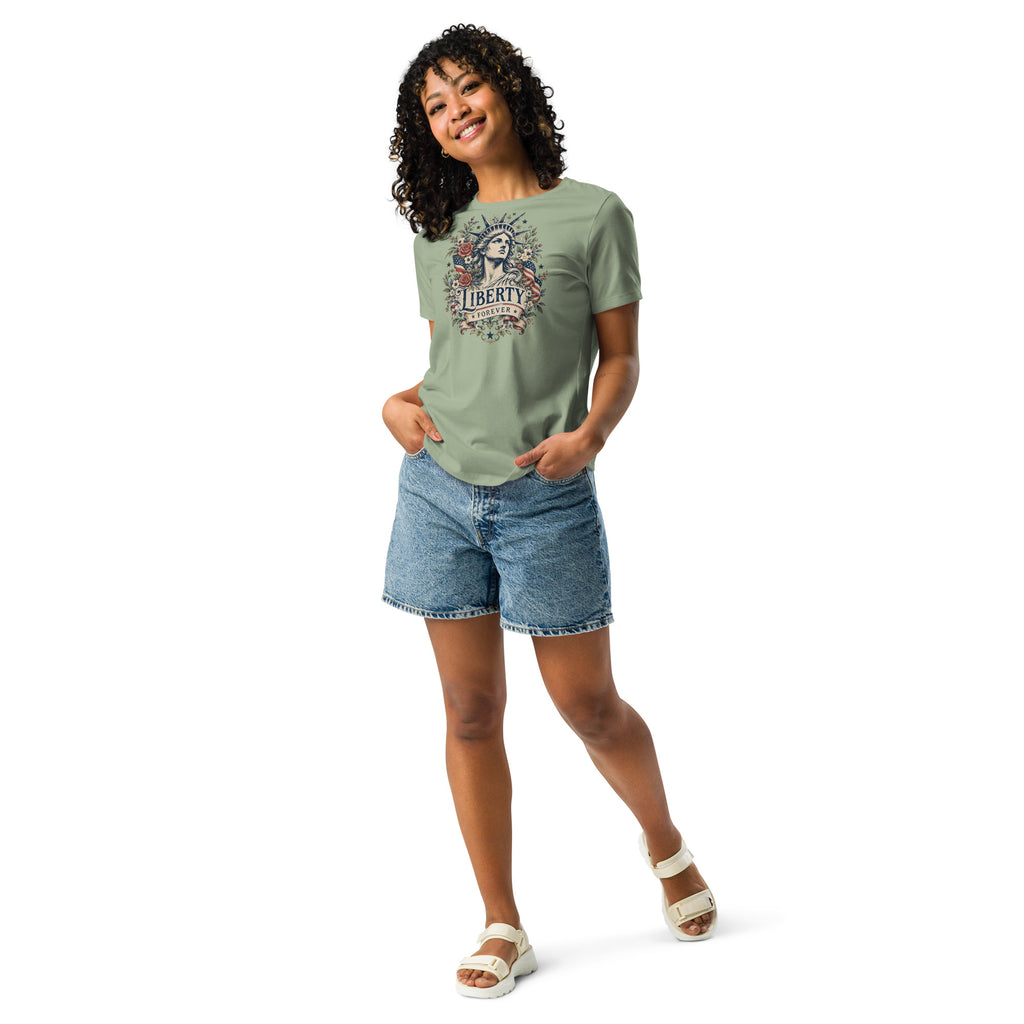 women's green t-shirt with lady liberty and floral design surrounding with "liberty forever" written below 