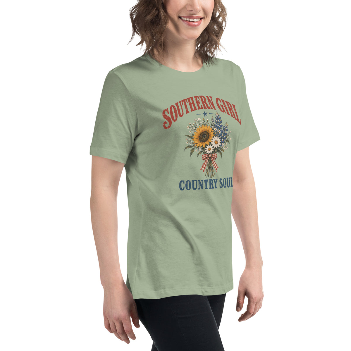 green women's t-shirt with Southern girl country soul written above and below a simple wildflower bouquet