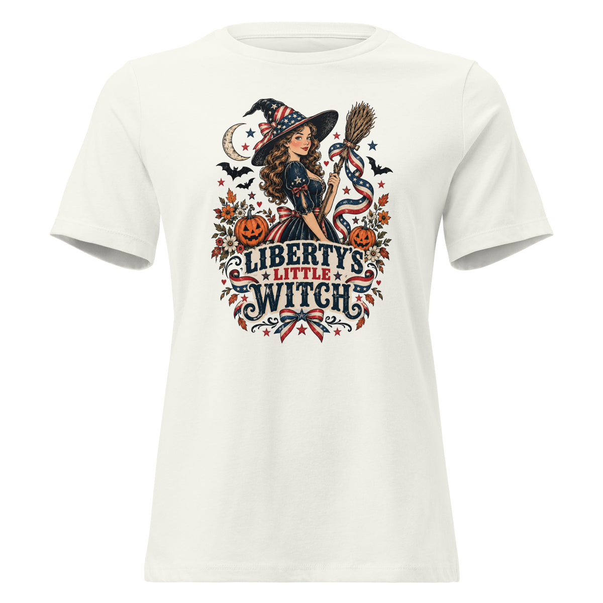 white women's shirt with American theme witch, and halloween/fall inspired small icons with text saying "Liberty's Little Witch"