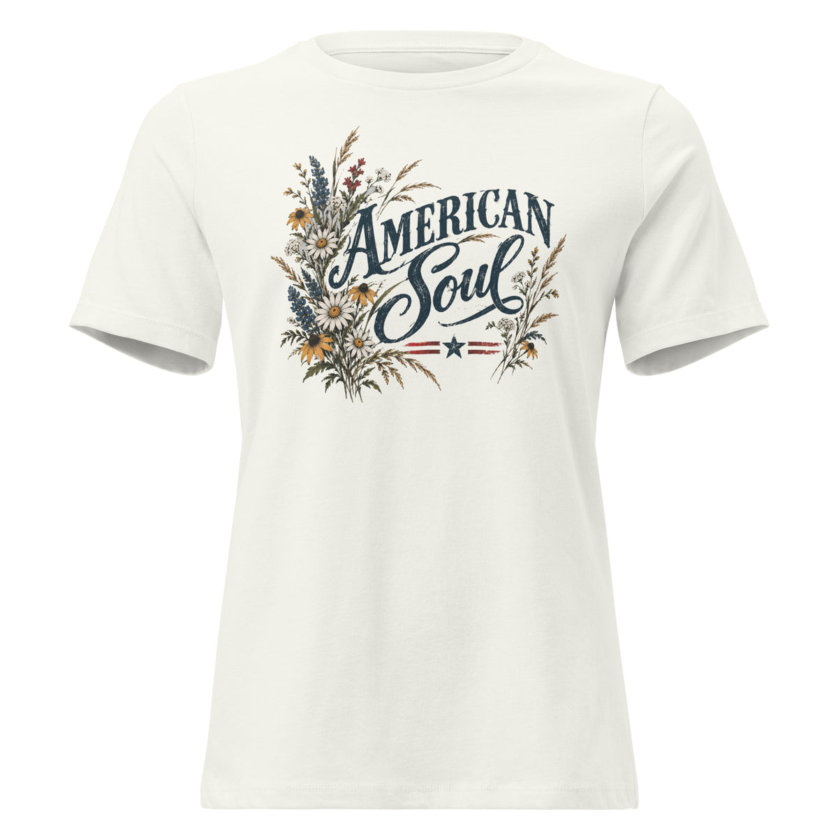 white women's shirt with a wildflower graphic to the left of the text "American soul"