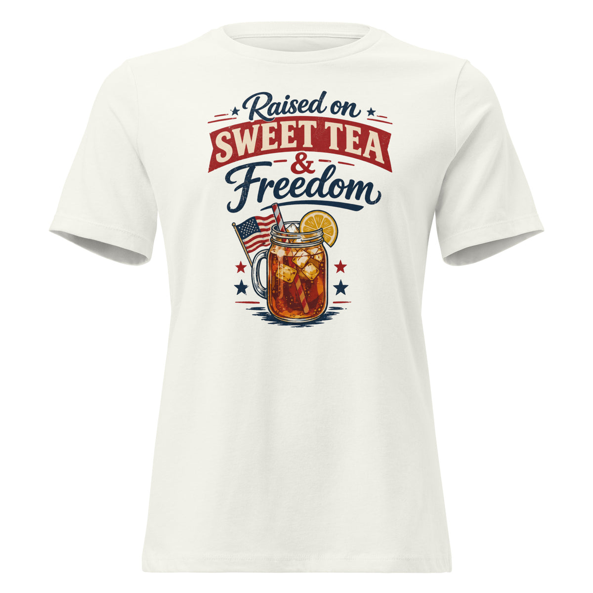 women's white t-shirt that says "raised on sweet tea and freedom" with American flag and cartoon tea mason jar