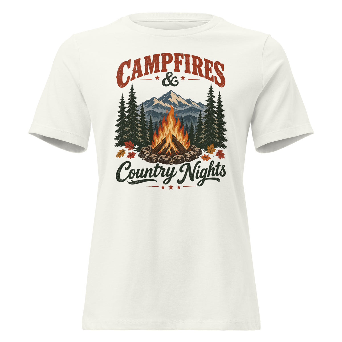 women's white t-shirt with wooded camping area graphic that says "Campfires & Country Nights"