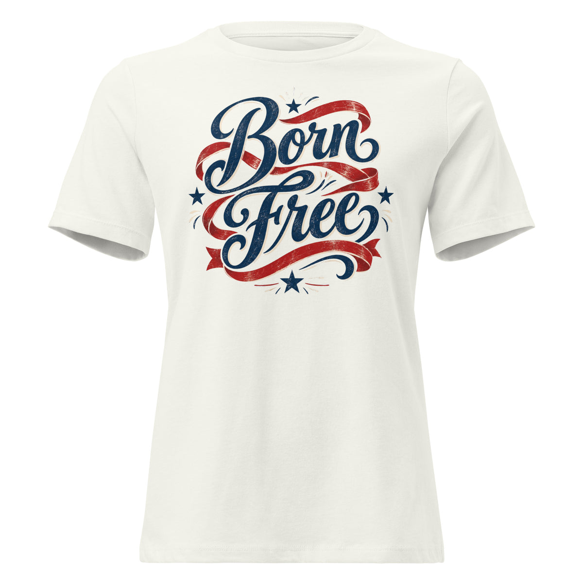 white women's shirt with Born Free in scripted lettering and a red ribbon lacing around the words