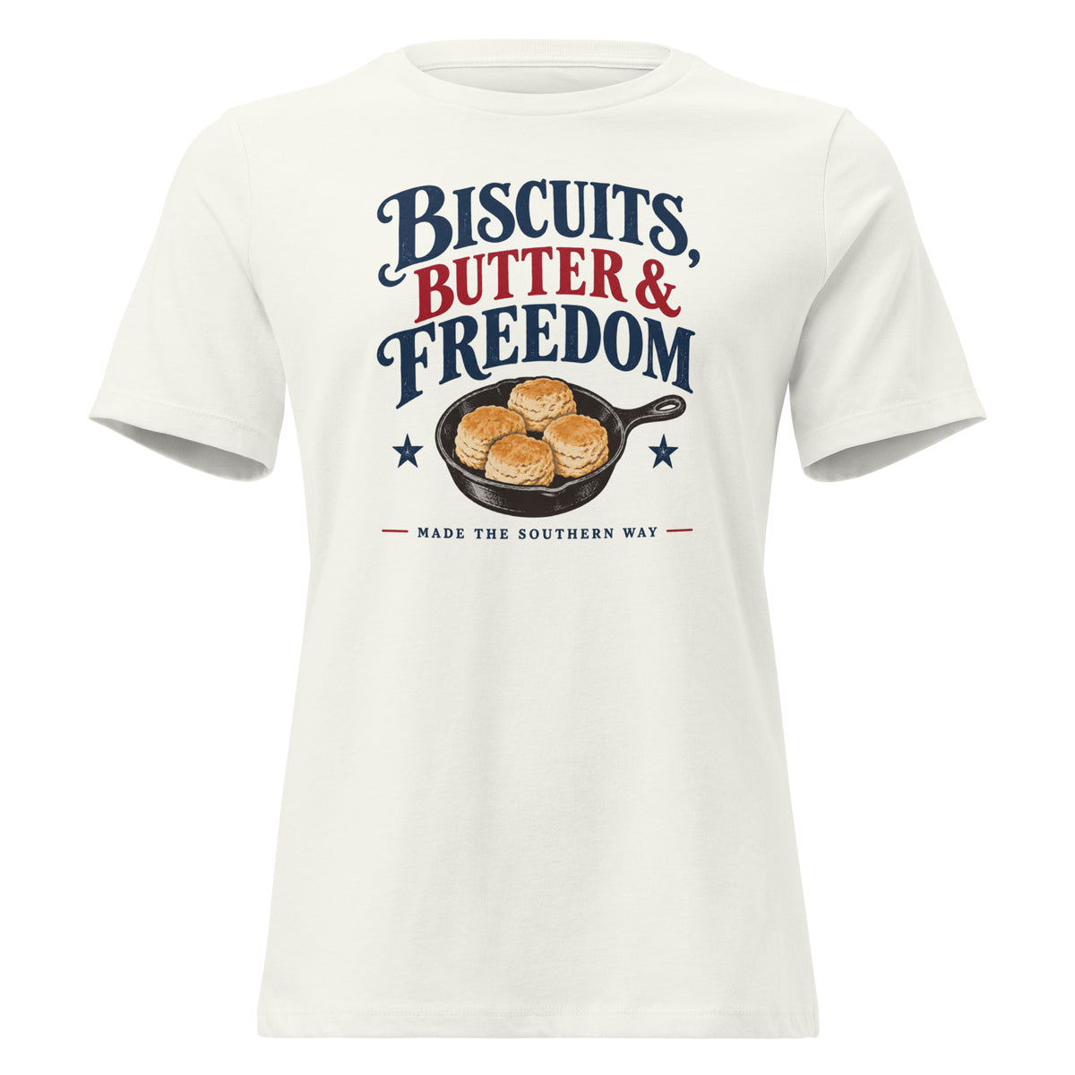 women's white t-shirt with cast iron skillet with biscuits in it that says "Biscuits, butter & Freedom"