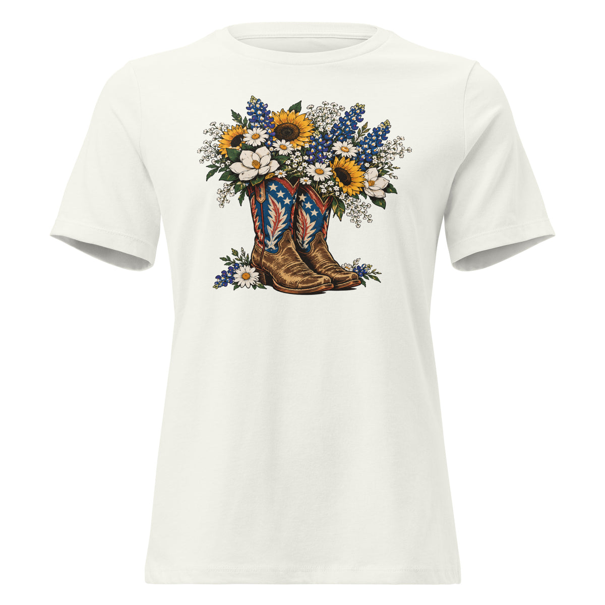 white women's t-shirt with red, white, blue cowgirl boots graphic with wildflowers coming out of it
