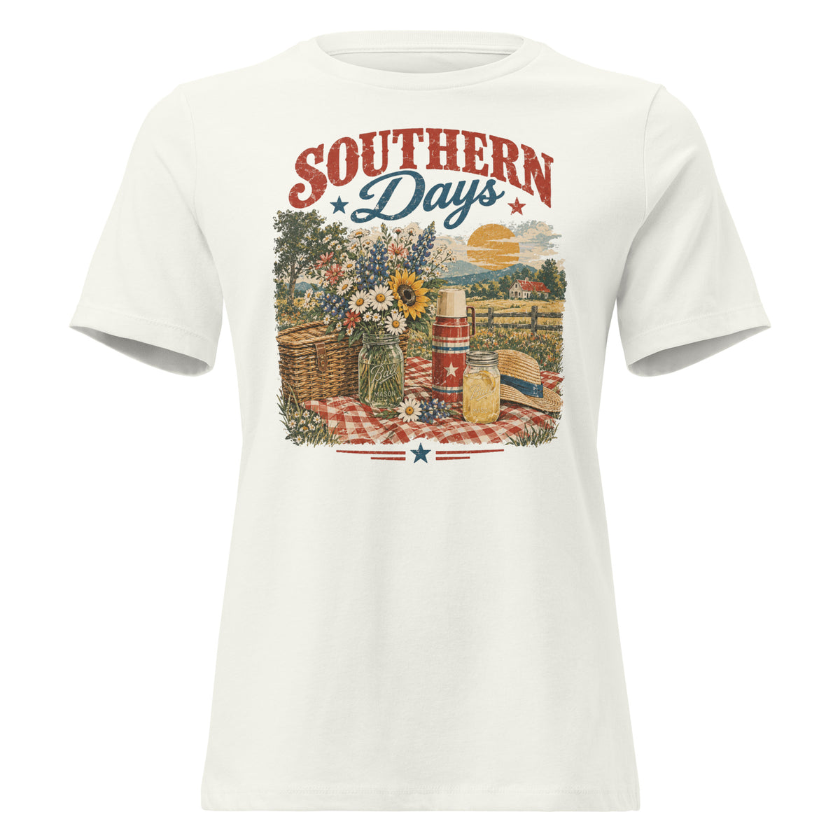 white women's t-shirt with red, white, blue southern picnic spread graphic, with Southern days across the top