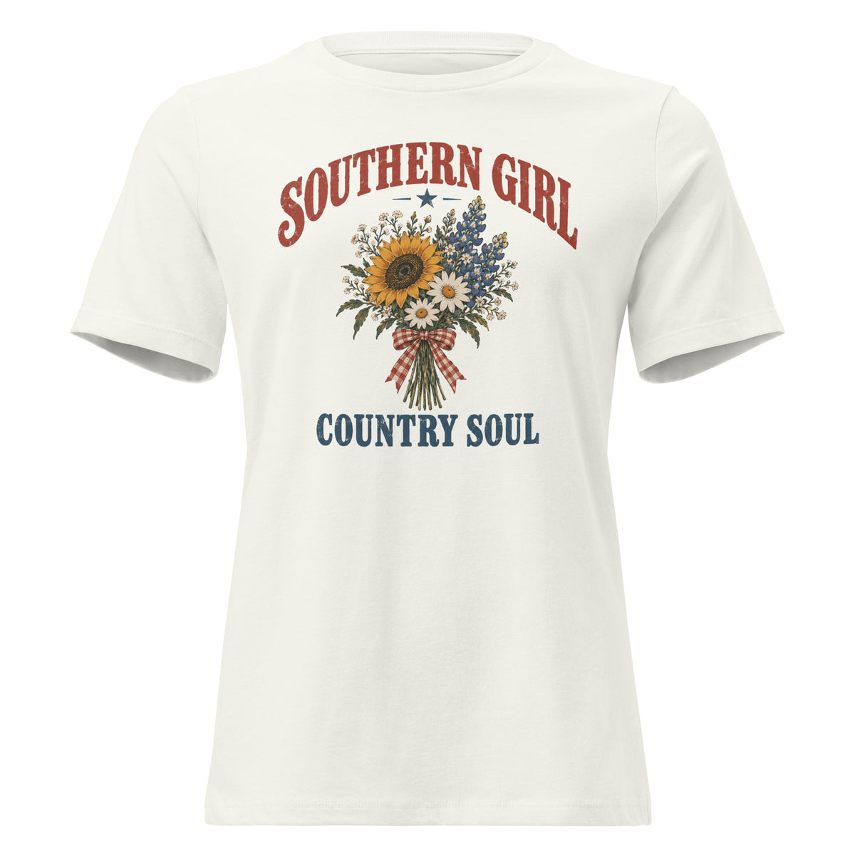 white women's t-shirt with Southern girl country soul written above and below a simple wildflower bouquet