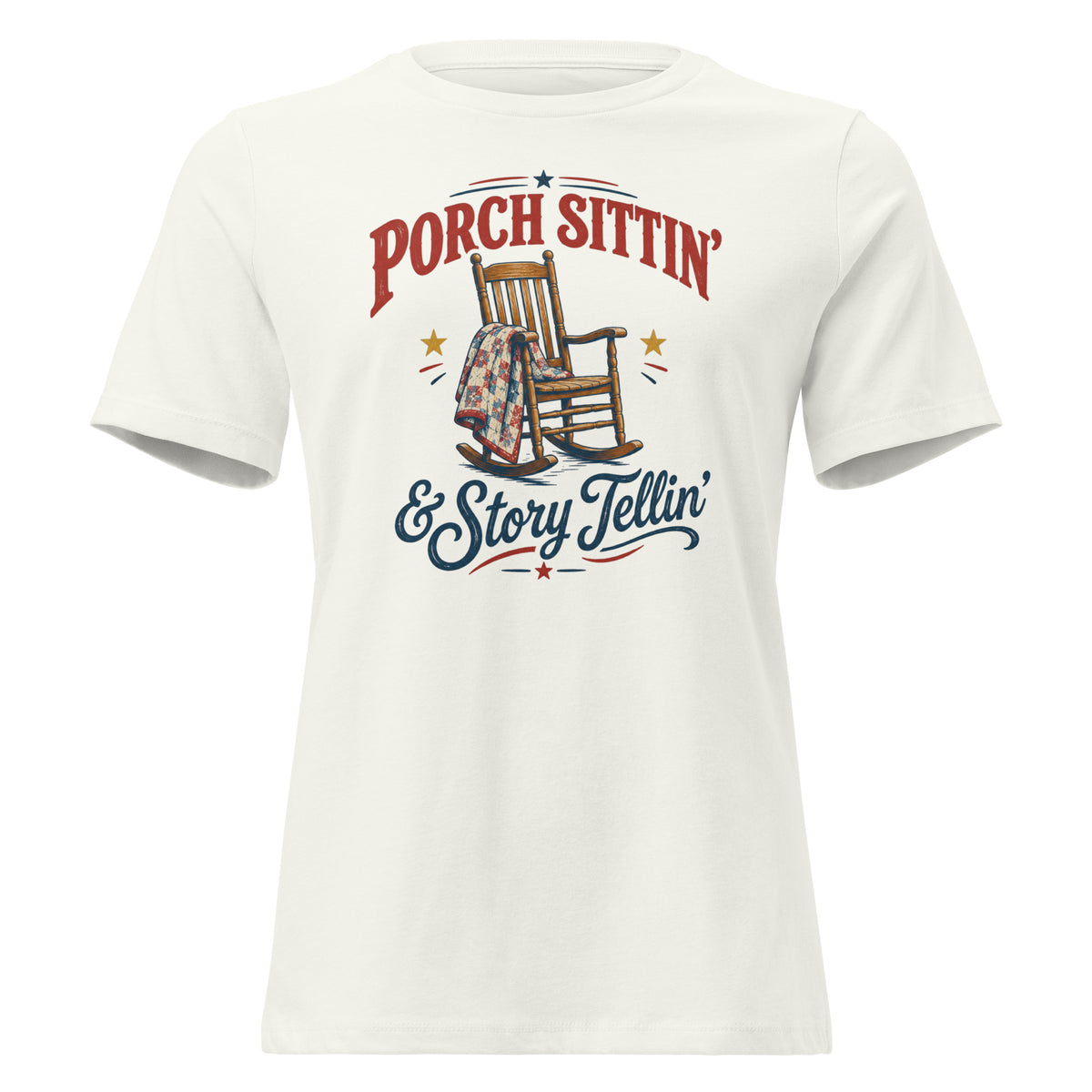 white women's t-shirt with rocking chair graphic that says "Porch sittin & Story tellin" in southern country vibe