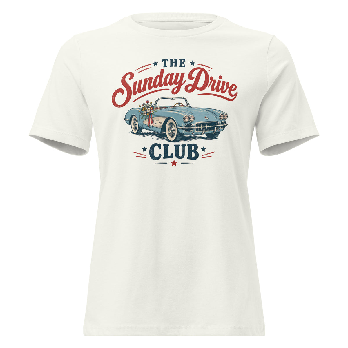 white women's t-shirt with vintage car graphic that says "the sunday drive club" 