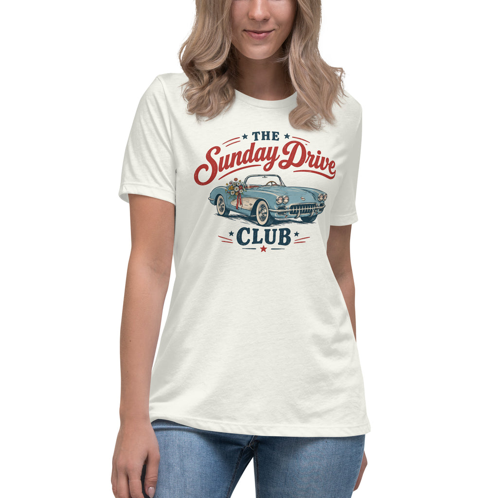 white women's t-shirt with vintage car graphic that says "the sunday drive club" 