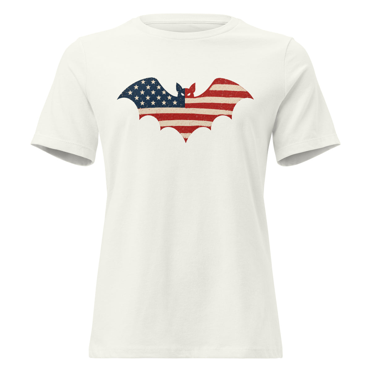 women's white t-shirt for Halloween with a simple bat silhouette filled with vintage American flag
