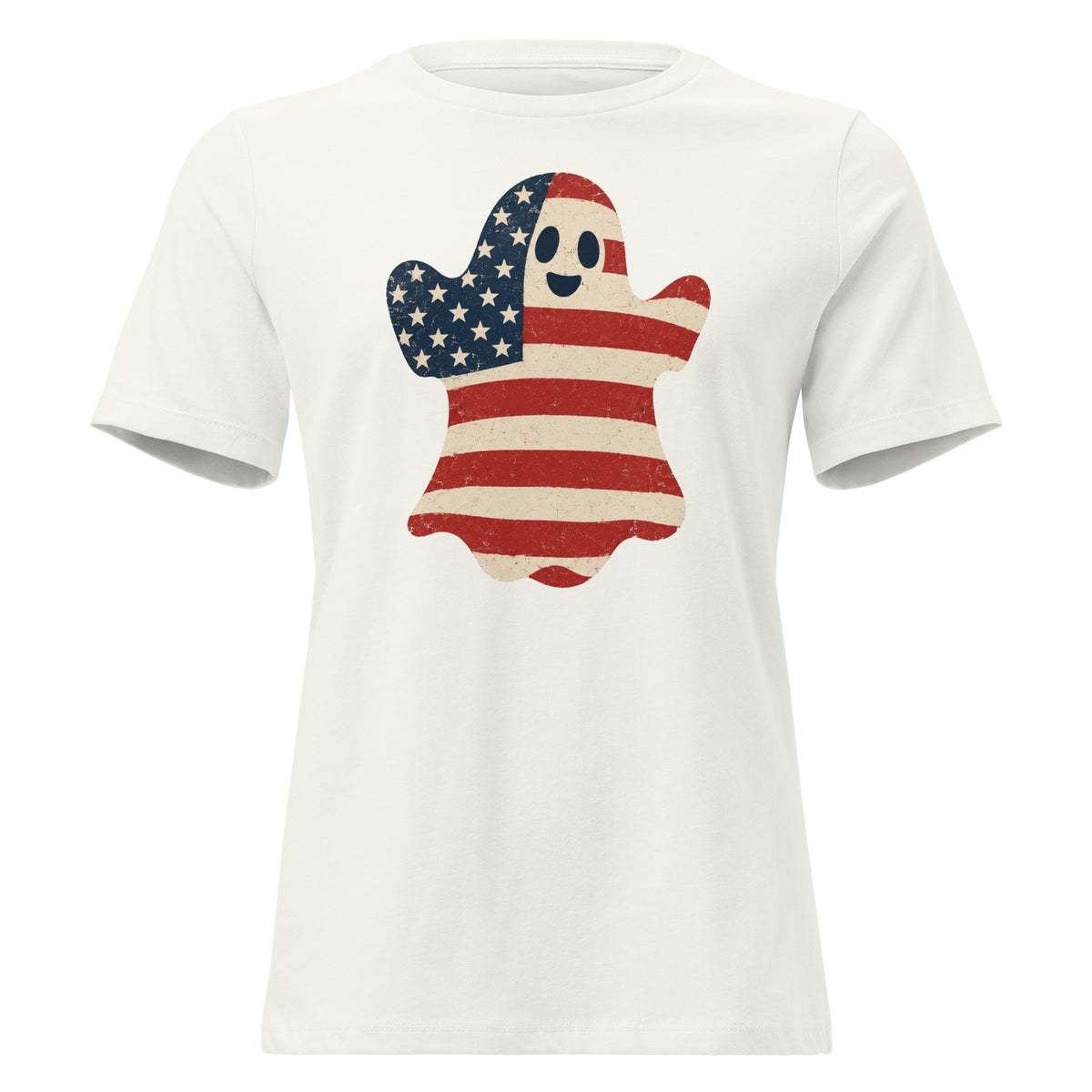 women's white t-shirt for Halloween with a simple ghost silhouette filled with vintage American flag
