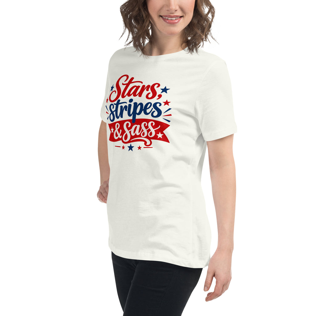 white women's t-shirt that says "Stars, stripes & sass" in large lettering with red and blue star accents